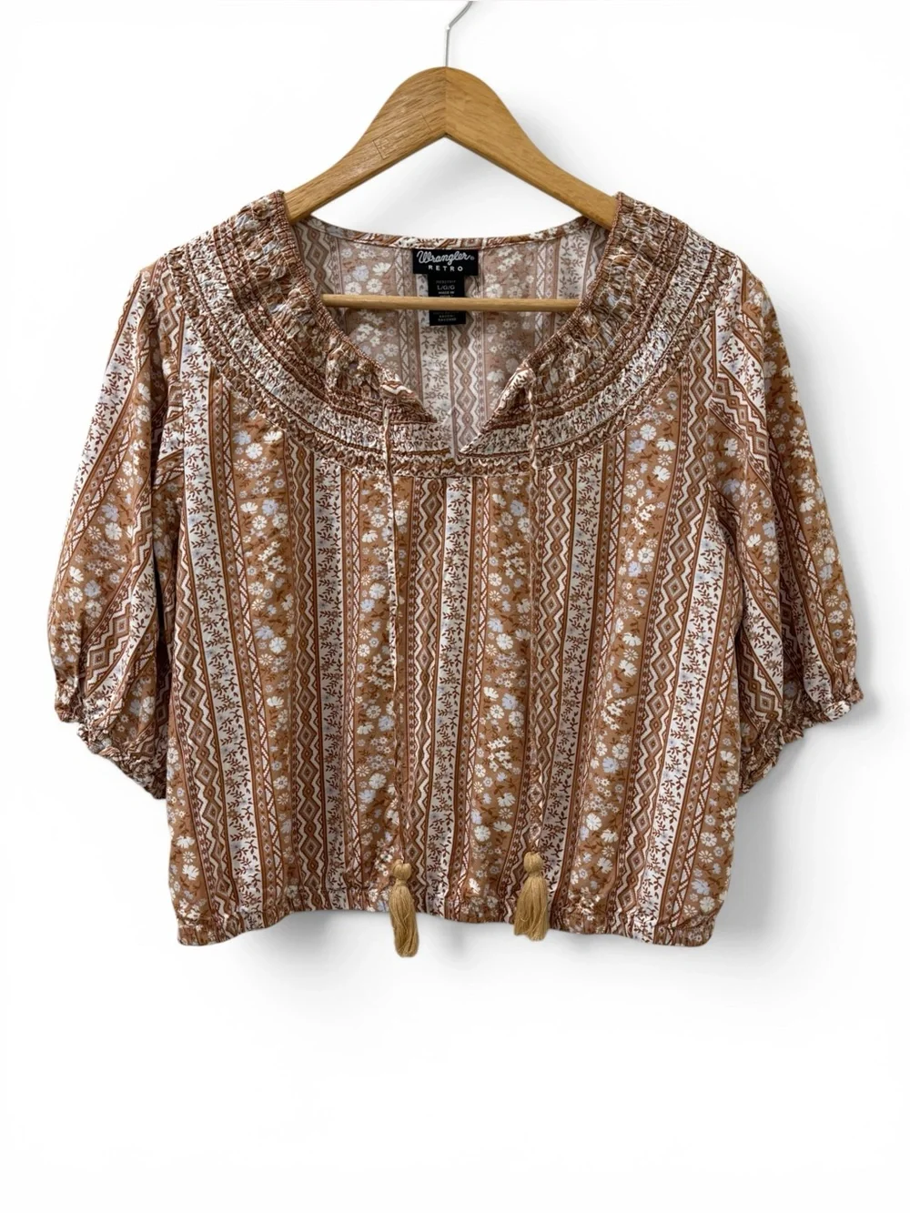 Wrangler Retro Floral Stripe Crop Top Peasant Rayon Boho Western Blouse Large - Picture 2 of 9